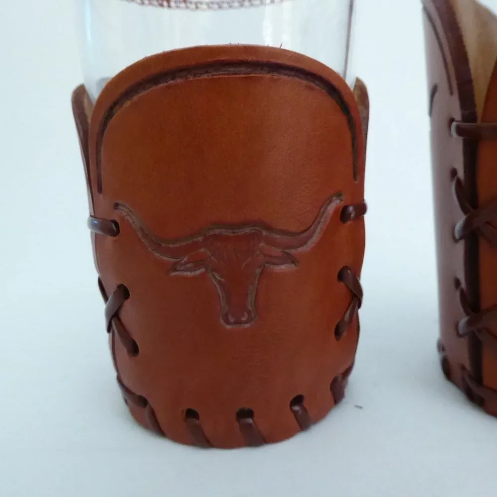 1950’s VINTAGE WESTERN THEMED COWBOY LONGHORN BRAND GLASS SET & WOOD COASTERS - Picture 8 of 16